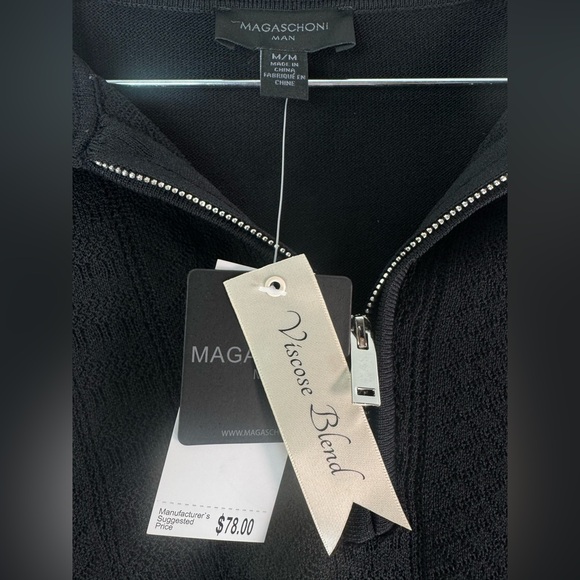 Magaschoni Man Quarter Zip Black Medium Short Sleeve Sweater Polo Top Shirt NWT - Picture 5 of 15